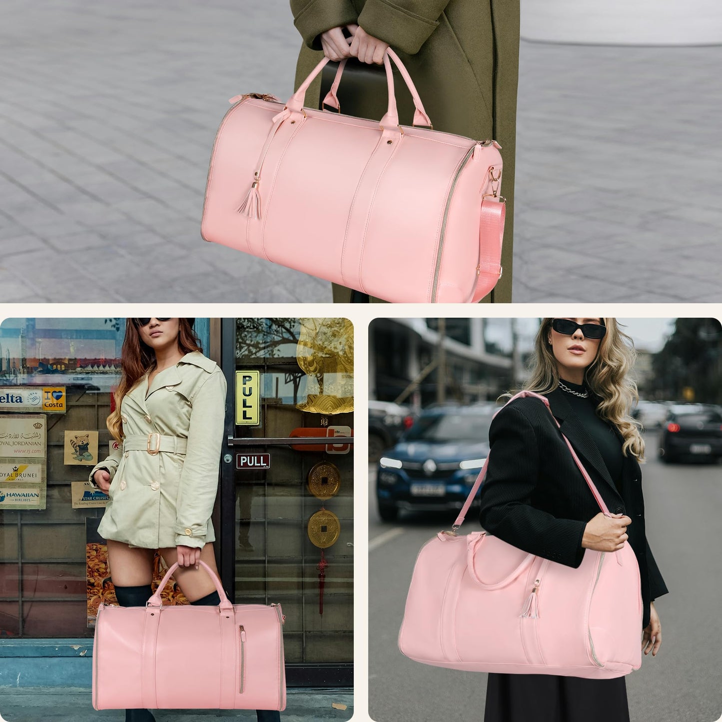 Convertible Garment Duffle Bag for Travel, Carry On Garment Bag with Shoe Pouch, PU Leather, 2 in 1 Hanging Suit Travel Bags Large Weekender Overnight Bags for Women Men (Pink)