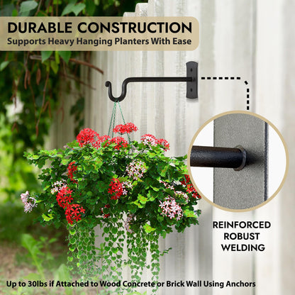 RTZEN Plant Hangers Outdoor or Indoor - Wrought Iron Metal Hanger Indoor Hook - Heavy Duty Wall Bracket Hooks for Hanging Plants Baskets Lanterns Wind Chimes - 2 Pack (Black Shepherds Hooks)