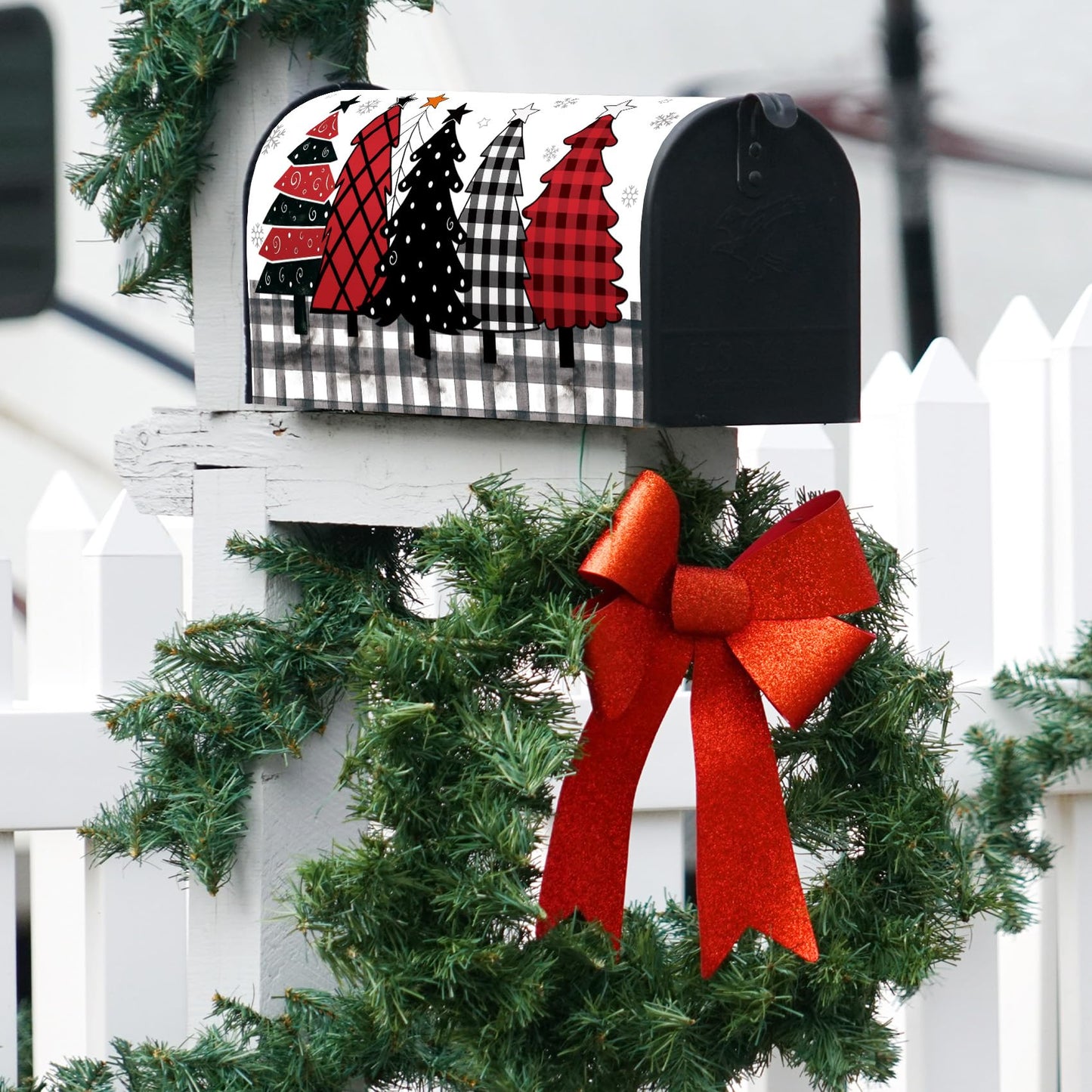 Texupday Buffalo Plaid Christmas Tree Mailbox Cover with Magnetic Strip Winter Holiday Snowflakes Mailbox Wraps Post Letter Box Cover Standard Size 21" X 18" for Garden Outdoor Yard Decor