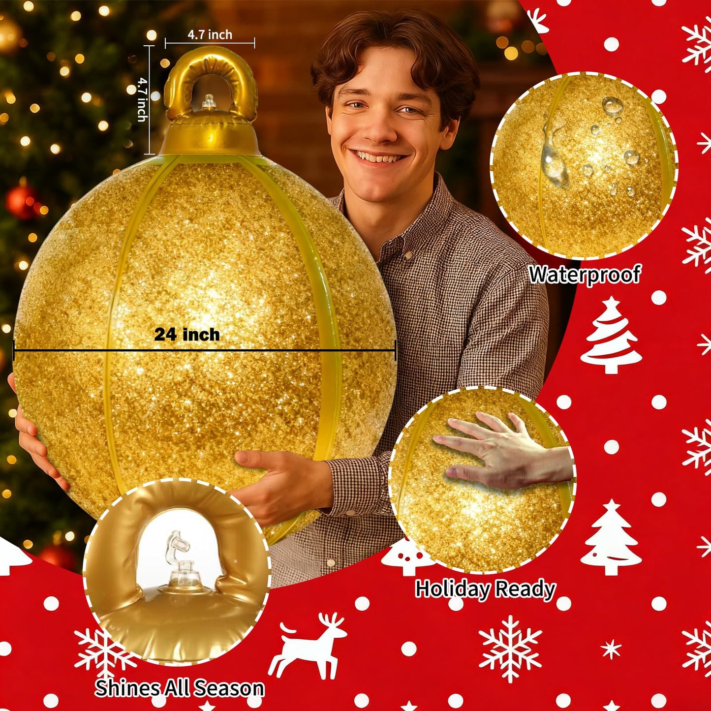 2 Pack 24 Inch Inflatable Christmas Balls, Giant Inflatable Ornaments Outdoor, Extra Large Outdoor Christmas Ornaments for Lawn, Porch, and Front Door (Gold and Silver)