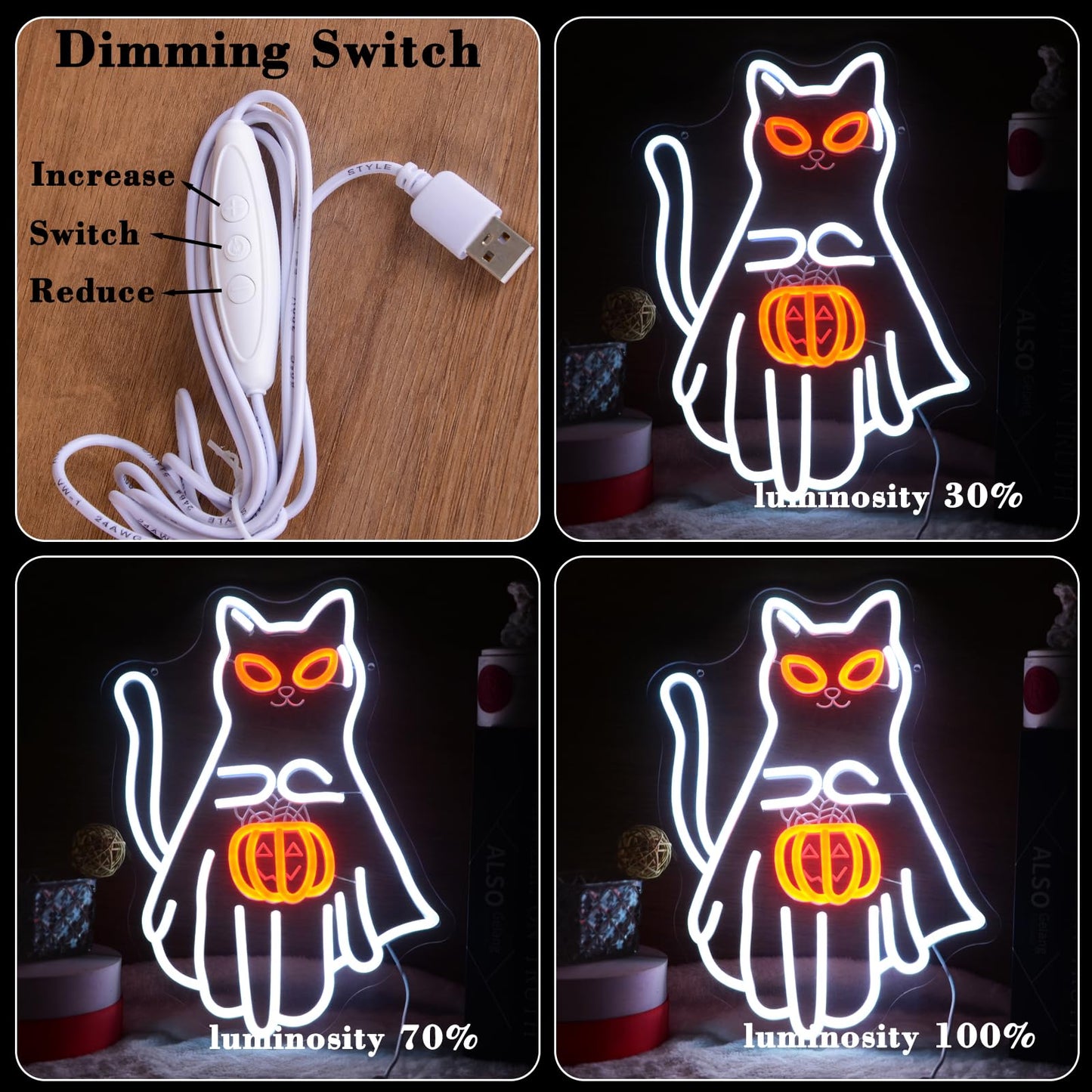 Cat Holding a Jack-o'-lantern Neon Light Sign Halloween Funny White Cat with Pumpkin Light for Trick-or-Treat Party Wall Decor All Saints' Day LED Light up