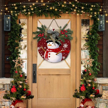 Snowman Door Sign Winter Cardinal Bird Poinsettia Hanging Sign with Wreath and Bow Xmas Snowflake Pines Holly Berry Round Wooden Front Door Sign for Seasonal Farmhouse Decor 12x12 Inch