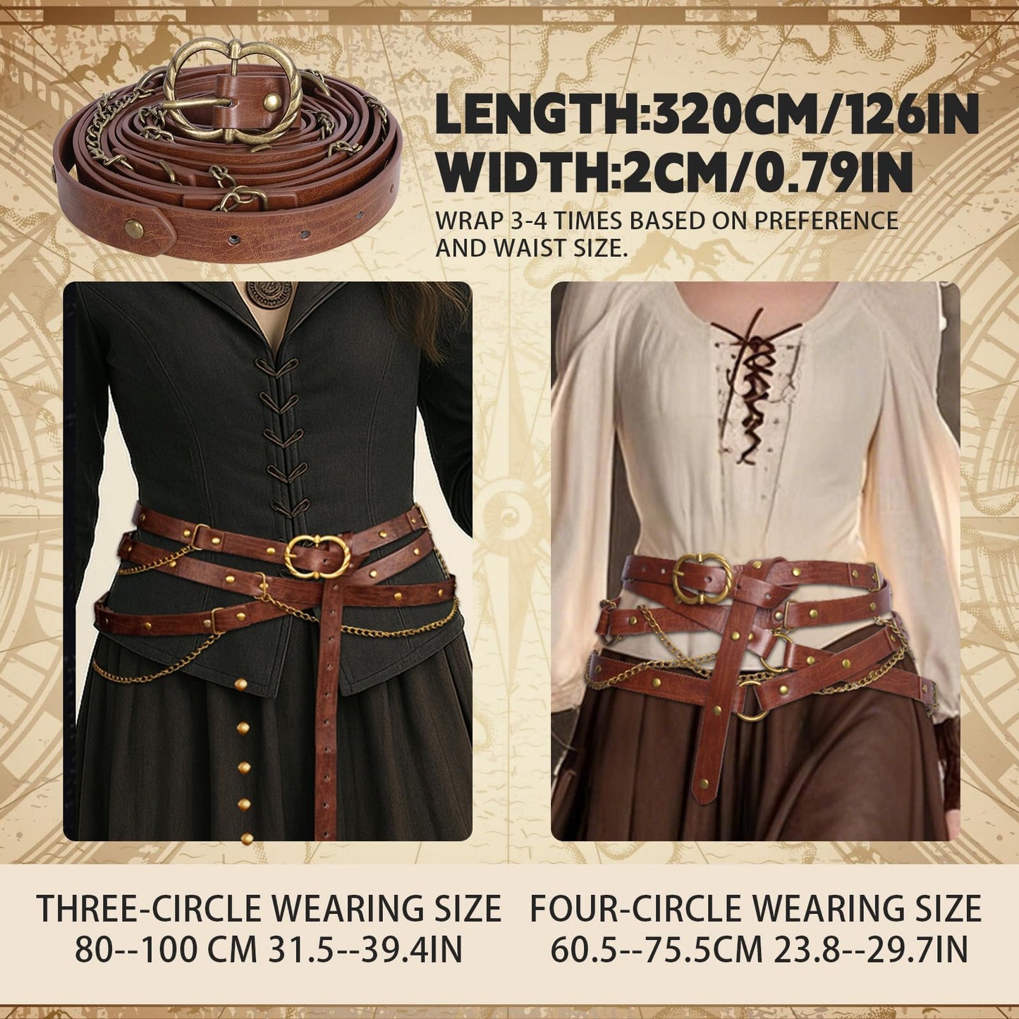 TobWeaL Medieval DIY Pirate Belt, Metal Chain Adjustable Leather, Retro Renaissance Belts for Women Dresses (brown, a)