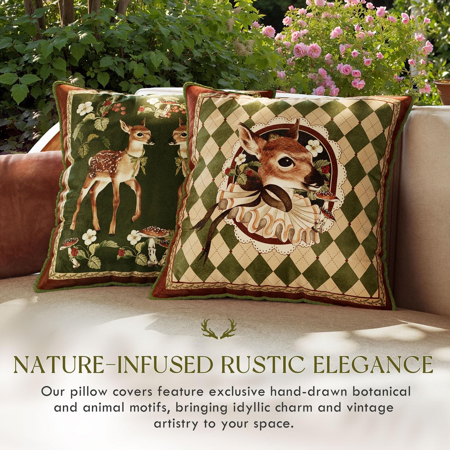 Livebee Holly Deer Green Pillow Cover, Velvet Euro Sham Covers Decorative Throw Pillow Covers 18x18 for Couch Sofa Bed Living Room