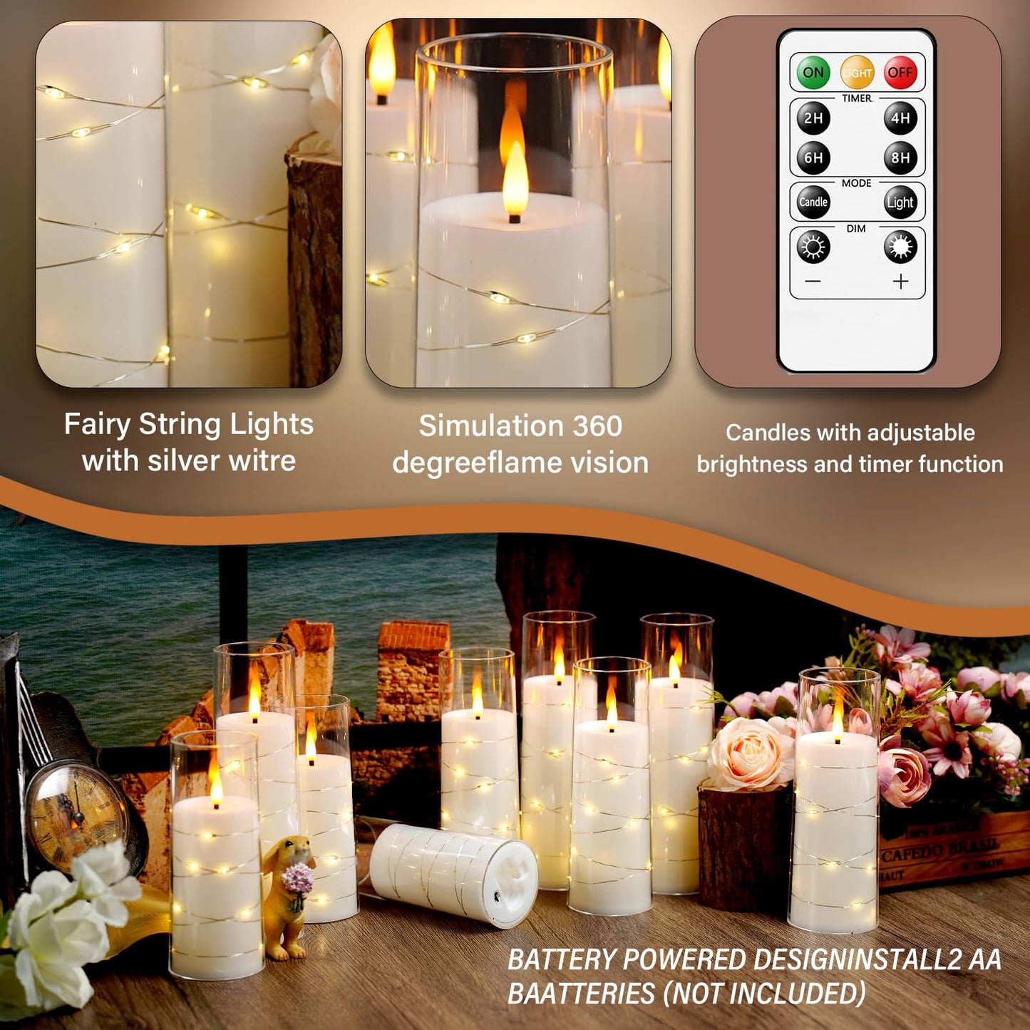kakoya Flameless LED Candles with Timer 9 Pc Flickering Flameless Candles for Romantic Ambiance and Home Decoration Stable Acrylic Shell,with Embedded Star String，Battery Operated Candles（White）