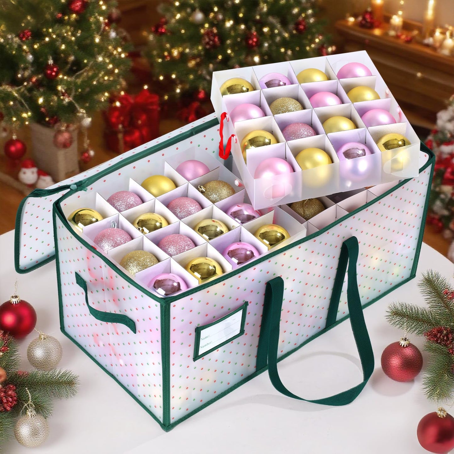 BIEBOS Portable Waterproof Christmas Ornament Storage Box, Large Capacity 128 Slots for 3-Inch Ornaments, Double-Sided Trays with Durable Zippers