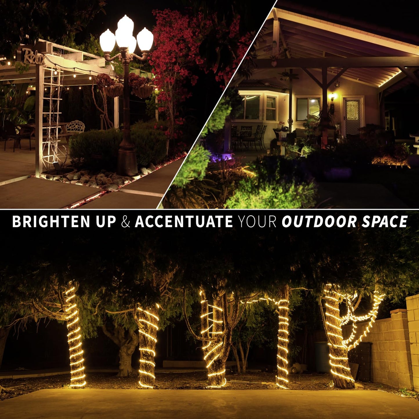 WYZworks 1116LEDs, 100ft LED Outside Rope Lights, Waterproof Permanent Outdoor ETL Certified Connectable Clear Tube, Christmas Palm Tree Holiday Decorative Landscape Patio Accent Lighting - Warm White