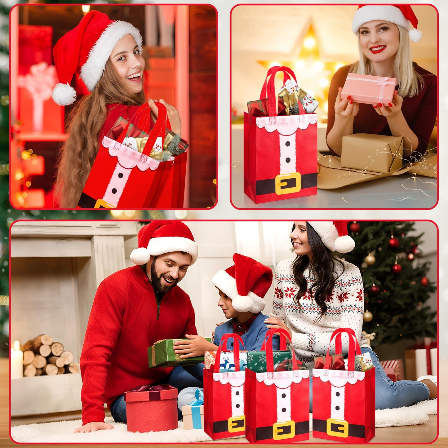 Threlaco 30 Pcs Christmas Gift Bags Bulk Reusable Non Woven Santa Claus Goodie Treat Bags with Handles for Xmas Holiday Party Favors Gifts Wrapping, 10 x 8 x 4 Inch