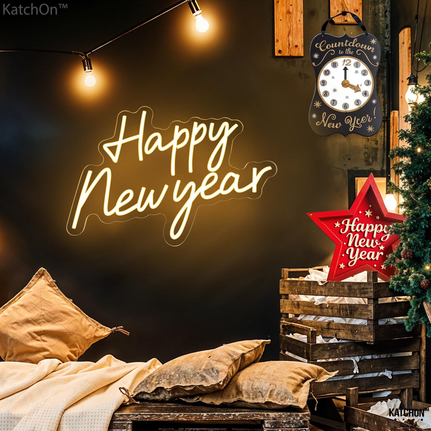 KatchOn, Happy New Year Neon Sign - 16x11 Inch | Happy New Year Led Neon Sign for New Years Decorations 2026 | NYE Lighted Sign, New Years Eve Party Supplies 2026 | New Year Light Up Sign