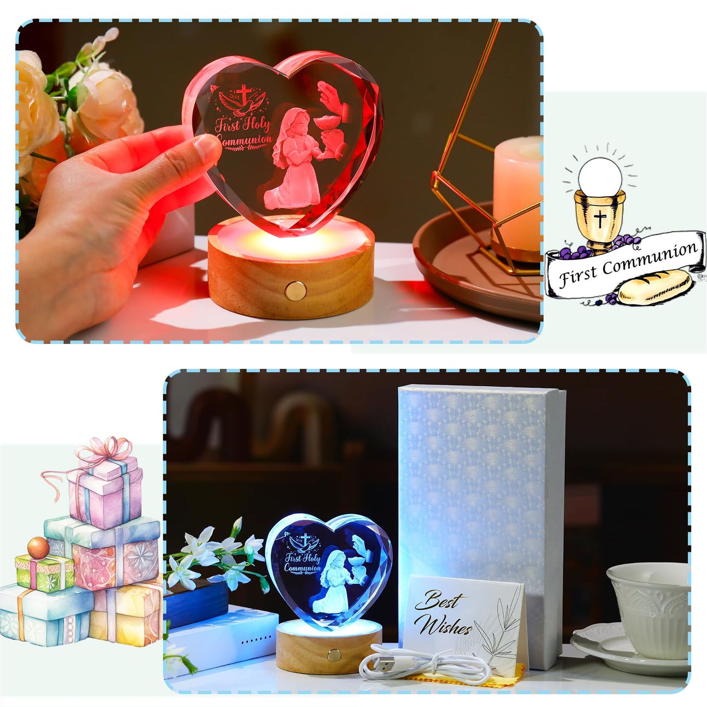 Arikyrist 3D Crystal First Holy Communion Gifts for Girls Women Crystal Heart Laser Engraving Communion Baptism Statue with Wooden Light Base Glass Religious Catholic Christian Decor
