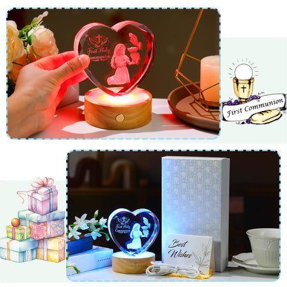 Arikyrist 3D Crystal First Holy Communion Gifts for Girls Women Crystal Heart Laser Engraving Communion Baptism Statue with Wooden Light Base Glass Religious Catholic Christian Decor