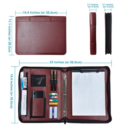 WEYEAH Faux Leather 3 Ring Portfolio Binder With Handle, Business Padfolio for Men & Women, Zippered Document Organizer for Home & Office Use, Including Clipboard, Notepad and Sheet Protectors (Brown)