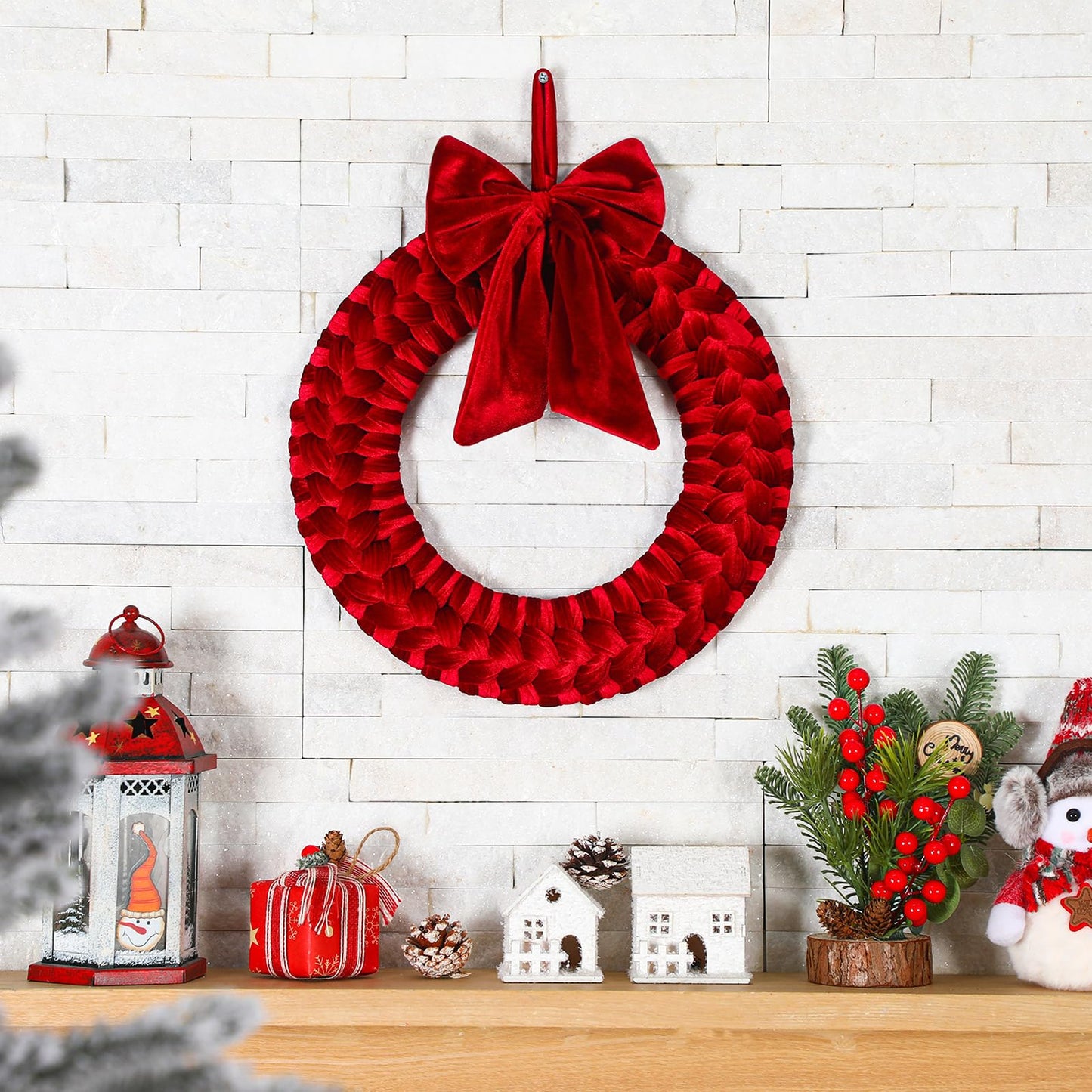 Barydat Christmas Velvet Wreath 14" Wreaths for Front Door Velvet Christmas Wreath Ornament with Bow for Party Table Fireplaces Porch Walls New Years Home Decor (Burgundy)