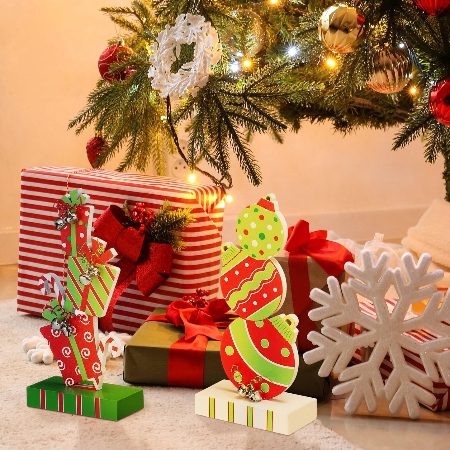Amyhill 2 Pcs Christmas Table Decorations 5.9 Inch Wooden Xmas Centerpieces Red Green Gifts Box and Ball Ornaments Shape Christmas Signs Tabletop with Bells for Table Shelf Fireplace Holiday