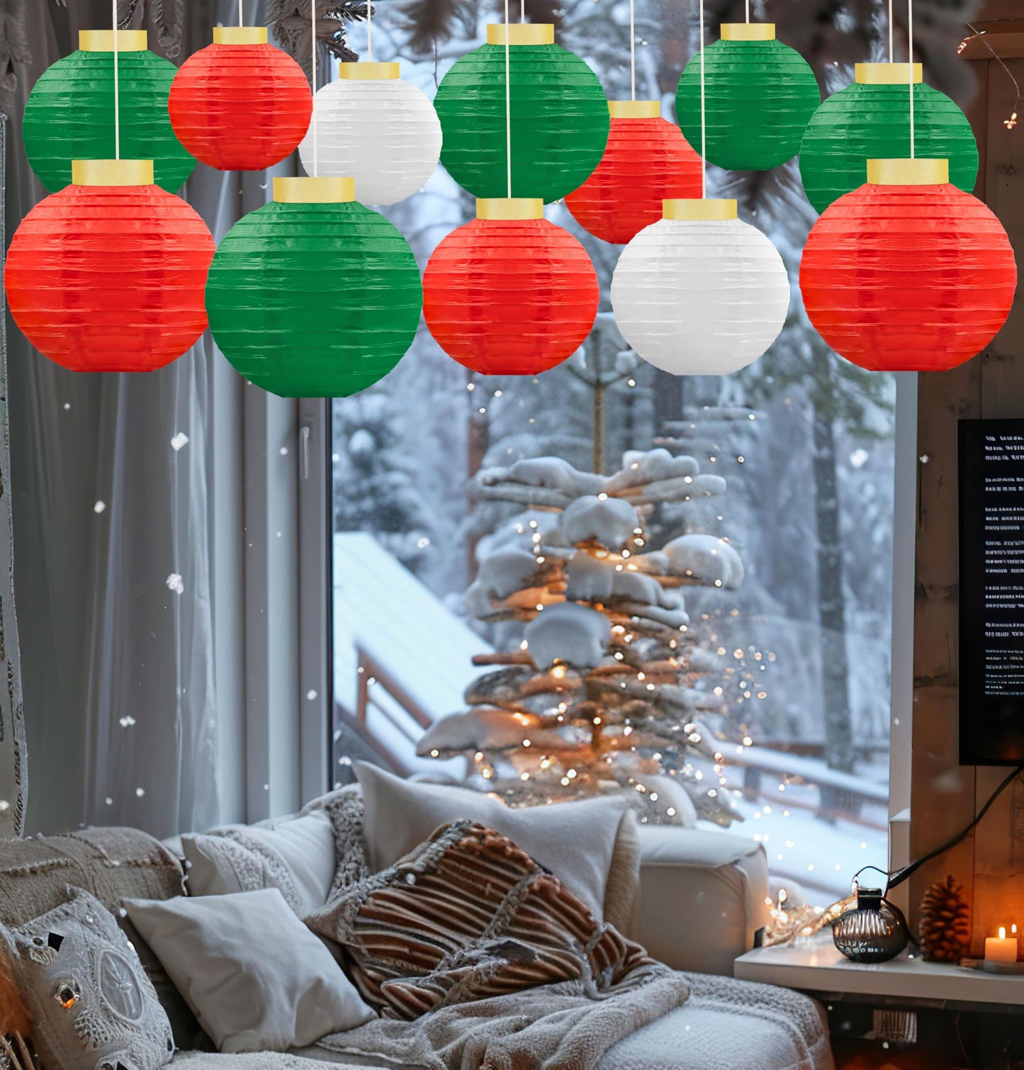 15Pcs Christmas Hanging Paper Lanterns Party Decorations Indoor - Xmas Ornaments Decor for Winter, Birthday Party Ceiling Supplies