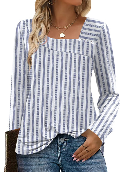 OFEEFAN Long Sleeve Shirts for Women Fall Clothes Asymmetric Square Neck Tunic Tops Decorative Buttons