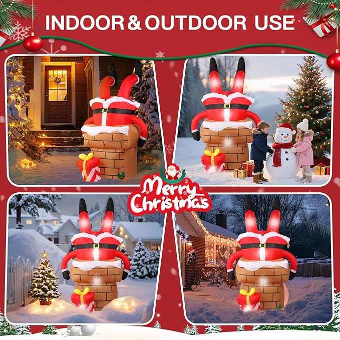 6FT Christmas Inflatables Decorations Outdoor，Blow Up Santa Claus Stuck in The Chimney with Built-in LEDs Lights for Indoor Holiday Party Yard Garden Lawn Décor