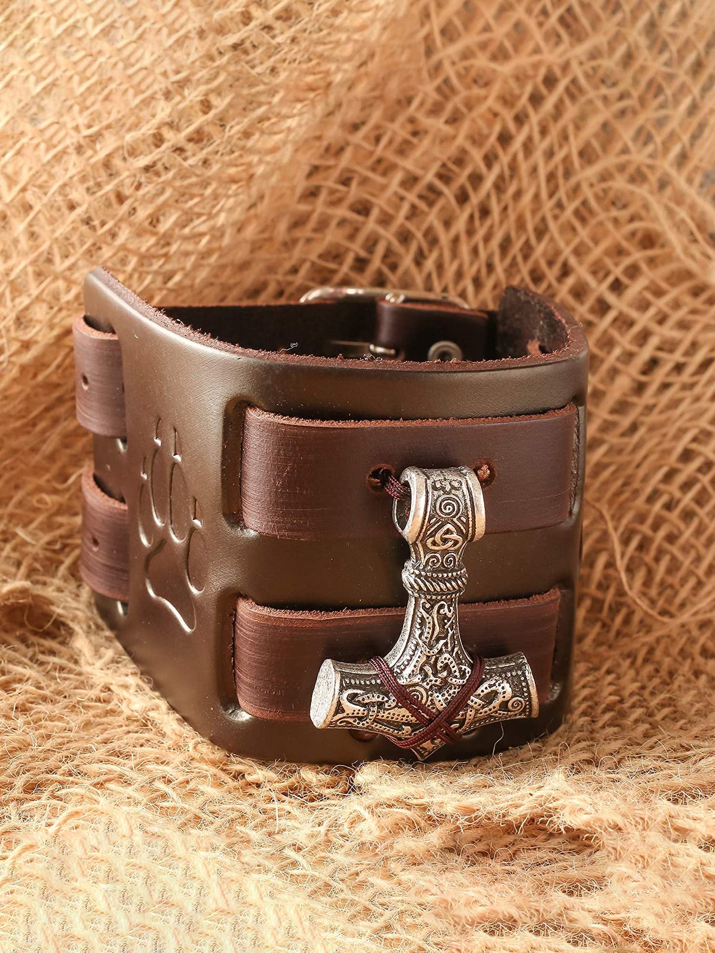 HAQUIL Viking Bracelet for Men, Viking Mjolnir Pendant, Nordic Brown Wide Leather Wristband, NorseJewelry Men
