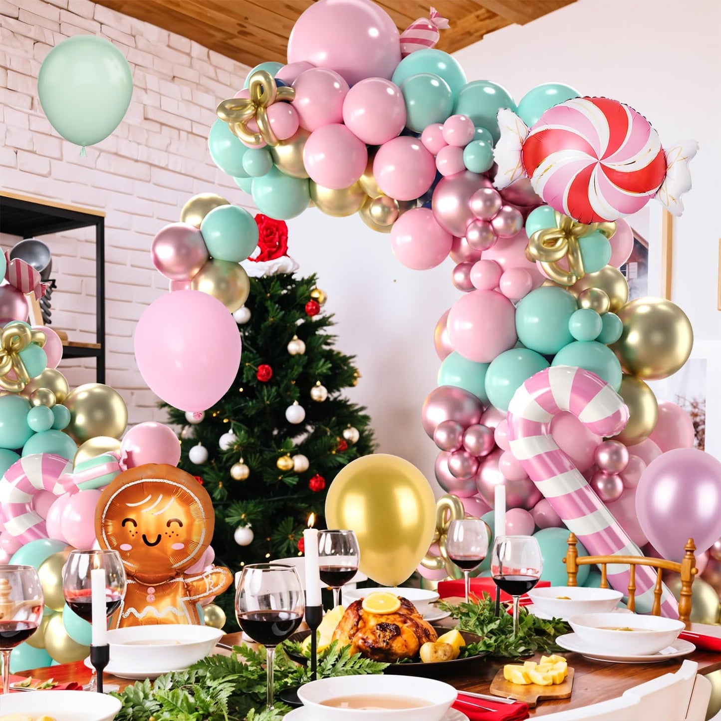 Christmas Balloons Arch Kit, 125 PCS Maca Pink Green Christmas Balloons, Gingerbread Balloon Garland with Candy Cane & Gingerbread Foil Balloon Decorations for Party