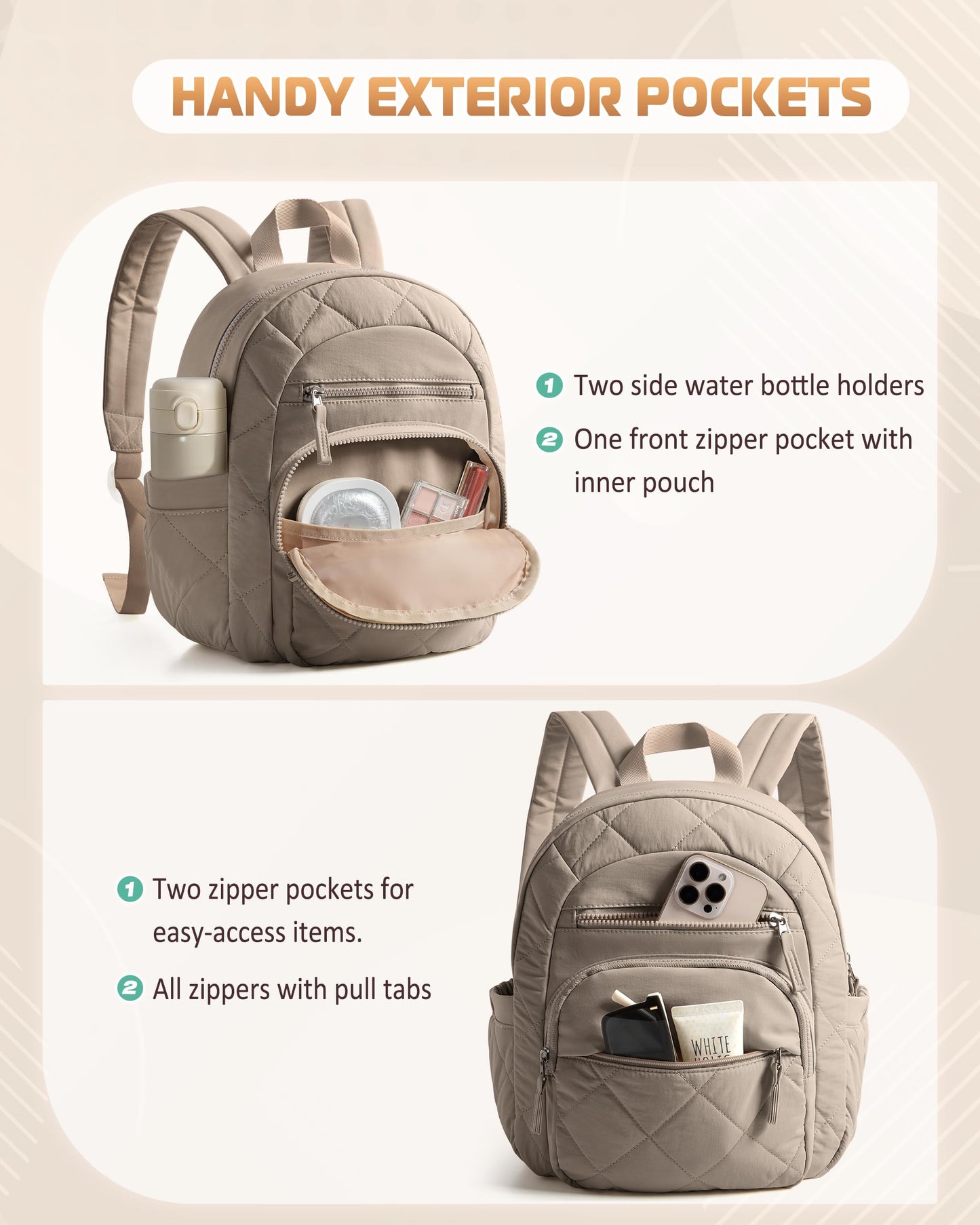Smasrob Women Mini Backpack with RFID Blocking Pocket, Small Puffer Backpack Purse, Lightweight Quilted Backpack for Work, College or Travel, Camel