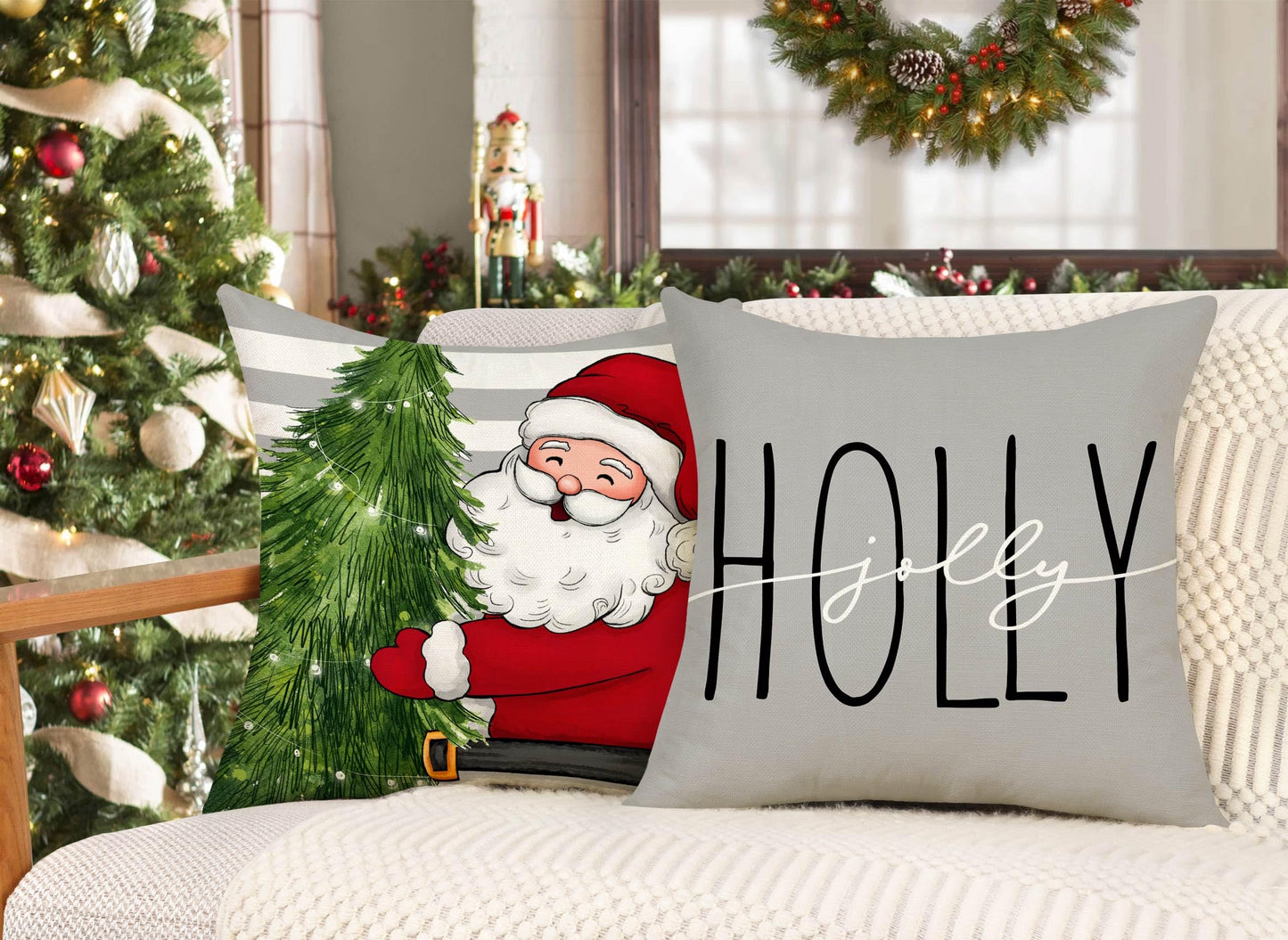 Gray Christmas Pillow Covers 18x18 Set of 4 Farmhouse Xmas Decorations Snowman Wreath Santa Claus Tree Merry Christmas Holly Jolly Winter Holiday Decor Throw Cushion Case for Home Couch S23C20