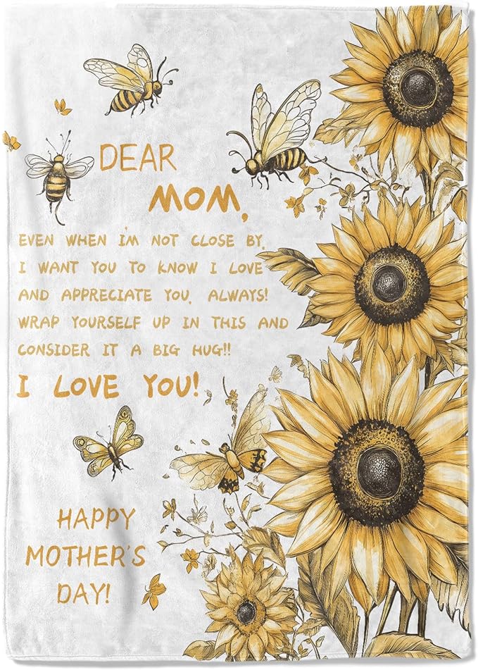 Mother's Day Fleece Blanket - 40x50in Mom from Daughter Son Birthday Heartfelt Message Sunflower Throw Blankets,Soft Cozy Lightweight, Ideal for Living Room Home Decor and Women Gifts