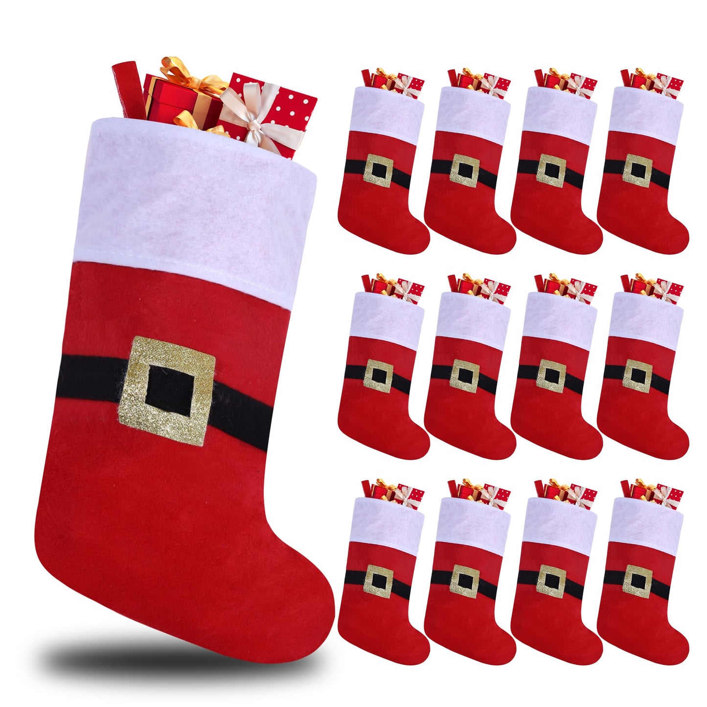 Tokforty 12 Pack Felt Christmas Stockings with Buckle, 19 Inches Red and White Christmas Stockings Hanging Ornaments, White Cuff with Buckle Christmas Stocking for Family Christmas Holiday Decorations