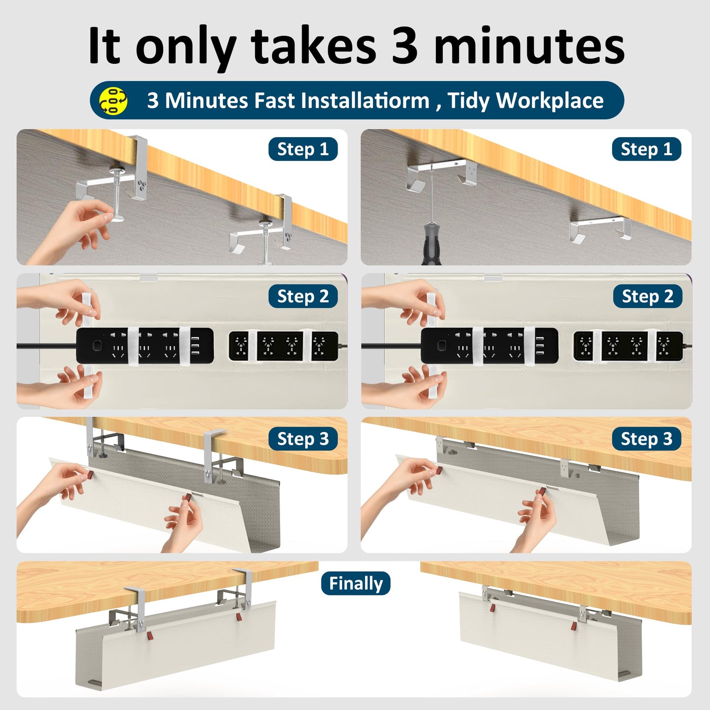 28" Small Under Desk Cable Management Tray No Drill, Compact Clamp On Cord Organizer for Dorm & Small Desk, Anti-Sag Oxford Fabric Wire Hider, Power Strip Holder (Beige, 28.6")
