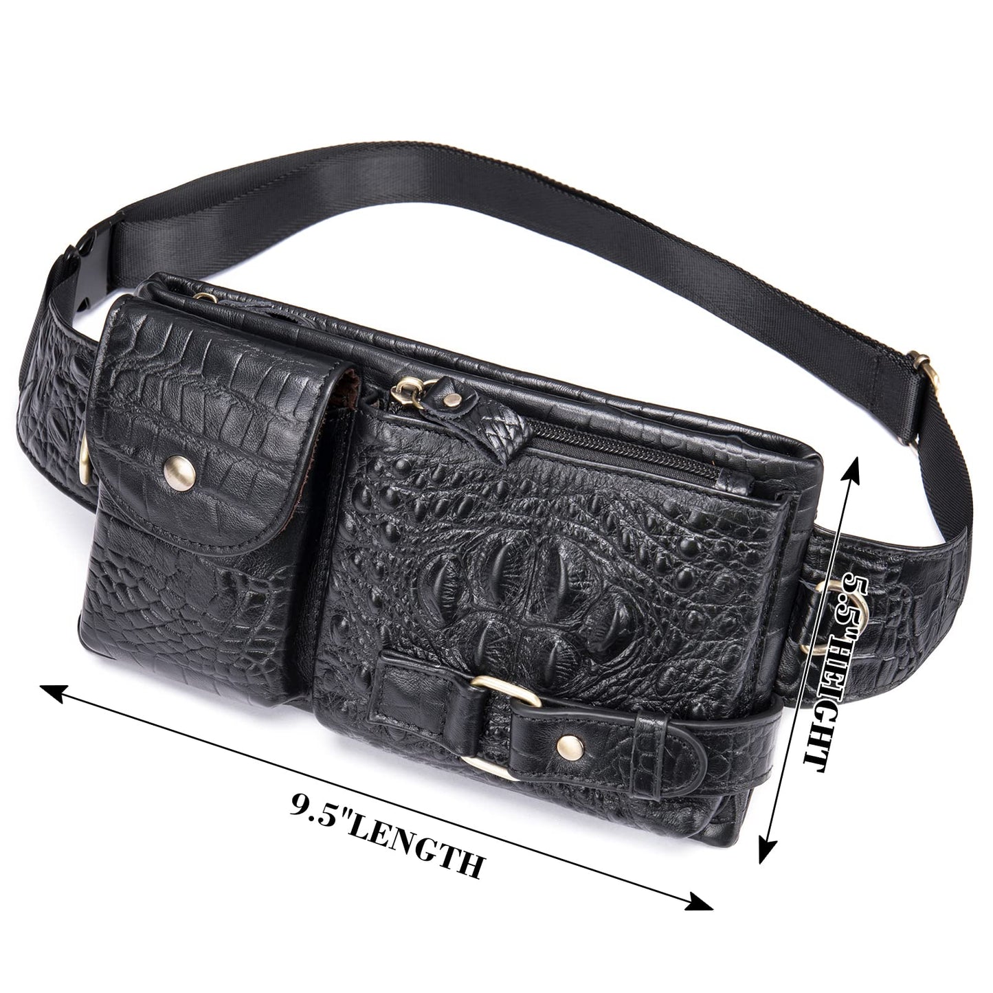 Mens Fanny Pack, Rugged Genuine Leather Waist Bags for Men Bumbag Waist Pack for Hands-free Crocodile Black