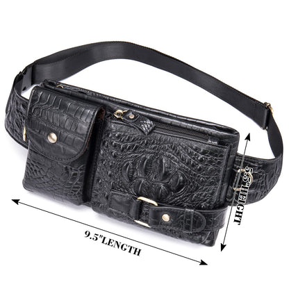 Mens Fanny Pack, Rugged Genuine Leather Waist Bags for Men Bumbag Waist Pack for Hands-free Crocodile Black