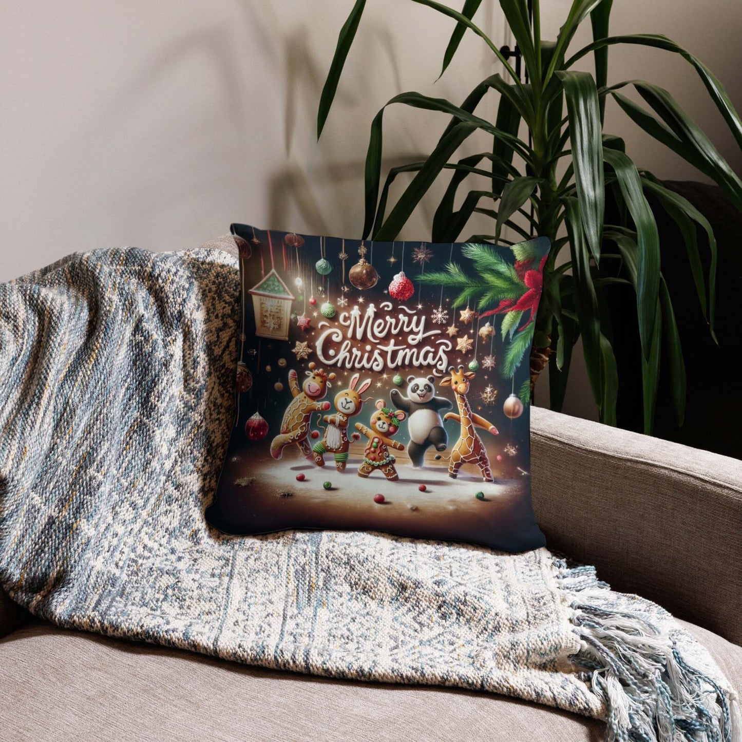 Throw Pillow Cover 20x20 Inch,Gingerbread Cow Rabbit Mouse Panda Giraffe Dancing Ornaments Pine Branches Merry Christmas Throw Pillow Case,Home Decor Cushion Covers for Sofa Living Room Couch Bed