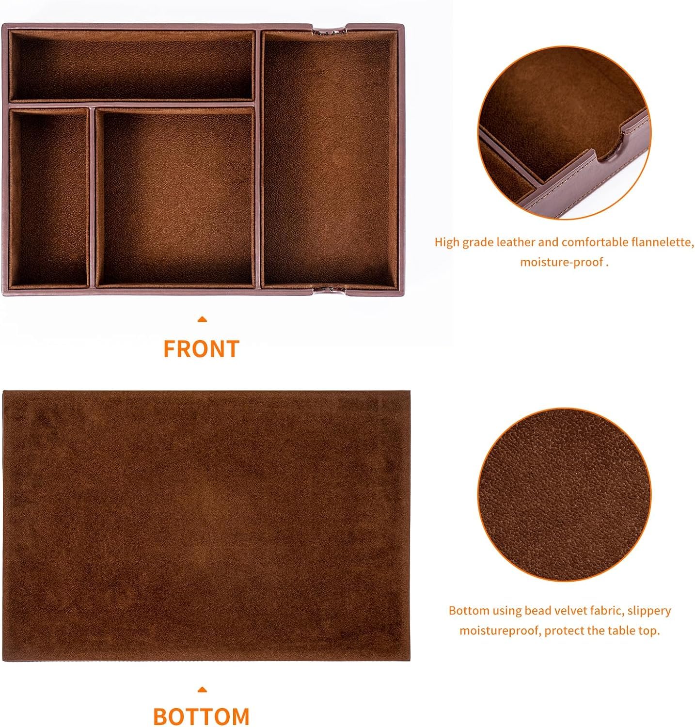 Mens Valet Tray for Nightstand Bedside and Entry Table Faux Leather Catchall Tray for Phone,Watch,Glasses,Wallet,Jewelry and Keys Dresser Organizer Valet Charging Station Gifts for Dad (All Brown)