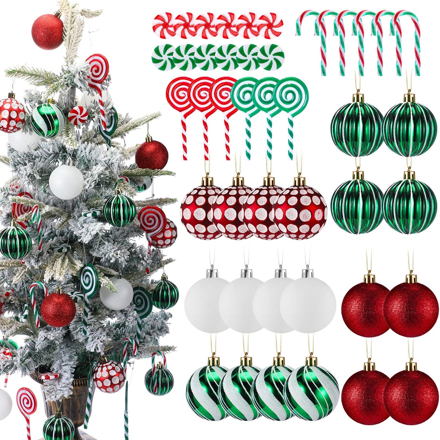 Liliful 66 Pcs Classic Red White Green Christmas Ball Ornaments Decor and Candy Canes Xmas Tree Decorations for Christmas Tree Hanging Decor Candy Lollipop Craft Xmas Party Supplies(Red Green White)