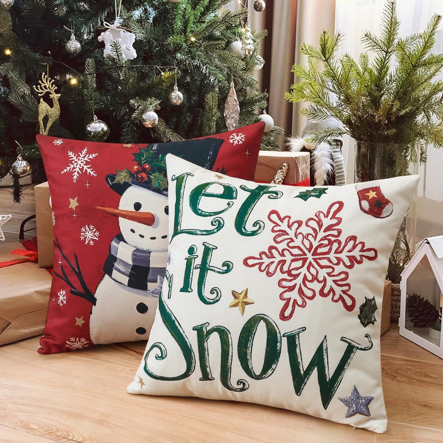 Artscope Christmas Tree Snowman Throw Pillow Covers 18x18 Inch Set of 4, Let It Snow Holly Jolly Winter Hoilday Christmas Decoration Pillow Cases for Home Sofa Couch Decor-Red