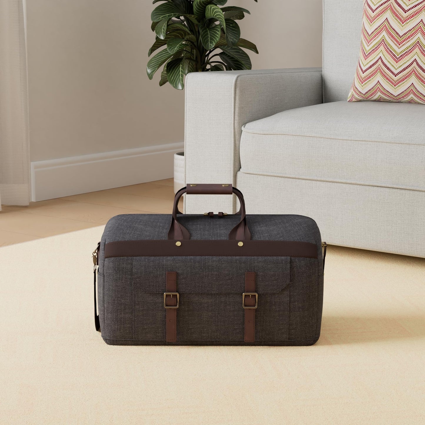 Duffle Bag for Men Waterproof Genuine Leather Canvas Travel Duffel Bags for Women Overnight Weekender Bag for Traveling, Black