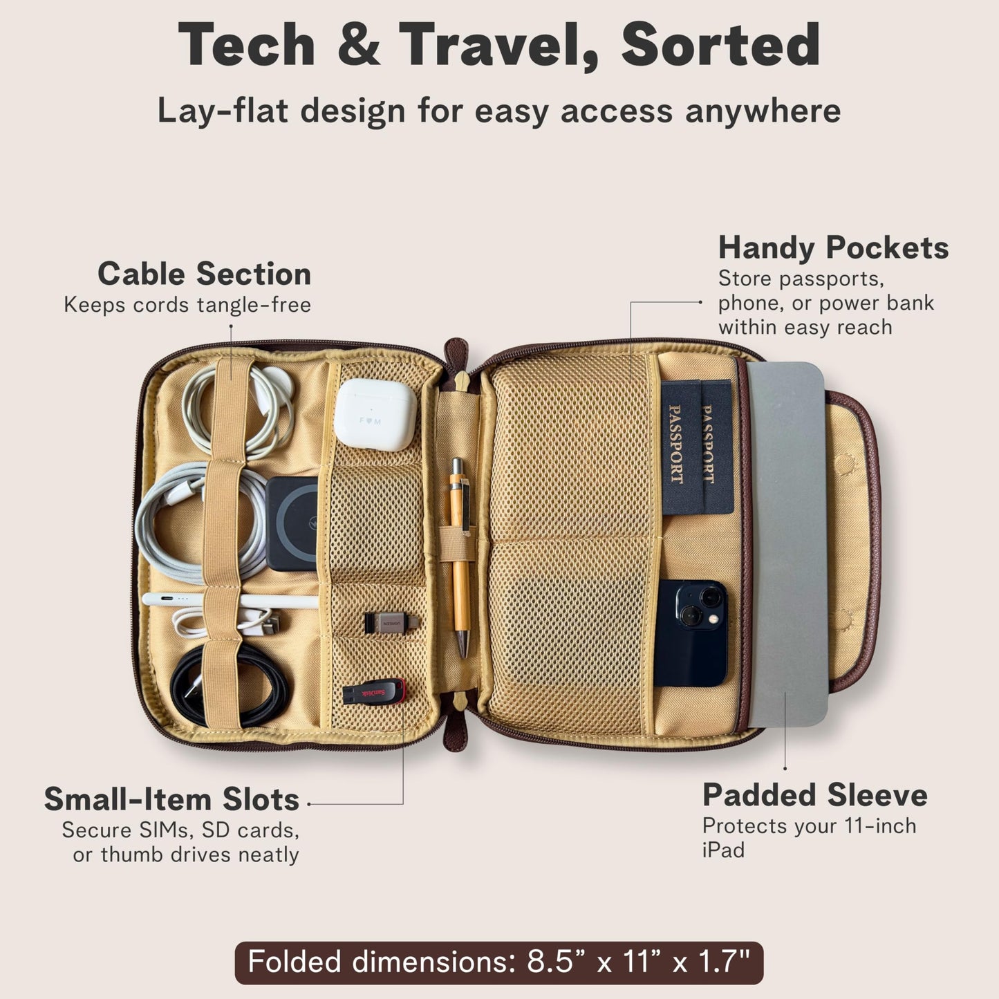 rofozzi Vegan Leather Tech Pouch for Travel, Electronics Organizer Case, Cord Organizer Tech Bag, Leather Passport Holder for Travel, Document Holder