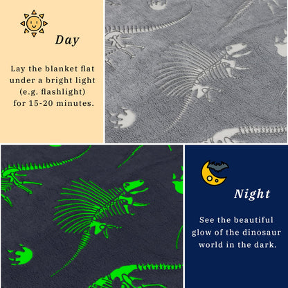 Glow in The Dark Blanket Dinosaur Throw Blanket for Boys Kids Soft Warm Cozy Cute Dino Blanket Unique Dinosaurs Toys Gifts Gray Glowing Dinosaur Room Decor Blankets for Girls Teens 50"x60"