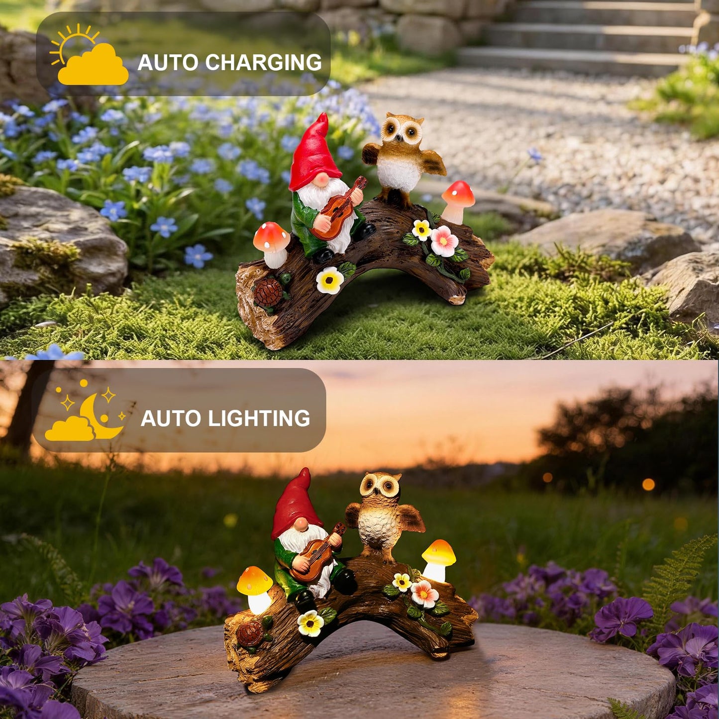 WONDHOME Solar Owl Gnome Garden Statues Whimsical Outdoor Decor with Mushroom Lights for Patio Lawn Yard Decorations Christmas Birthday Housewarming Gardening Gifts for Women Mom