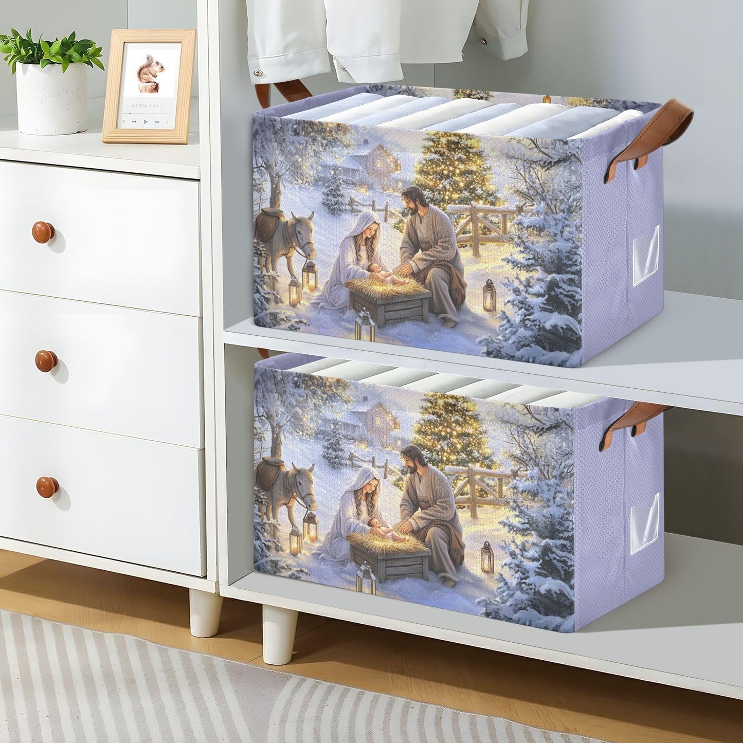 YNNALE Nativity Scene Holy Night Religious Christmas Storage Bins for Shelves with Labels&Handles Fabric Organizer Bin Foldable Rectangle Storage Basket Boxes for Closet,Bathroom, Home, Living Room
