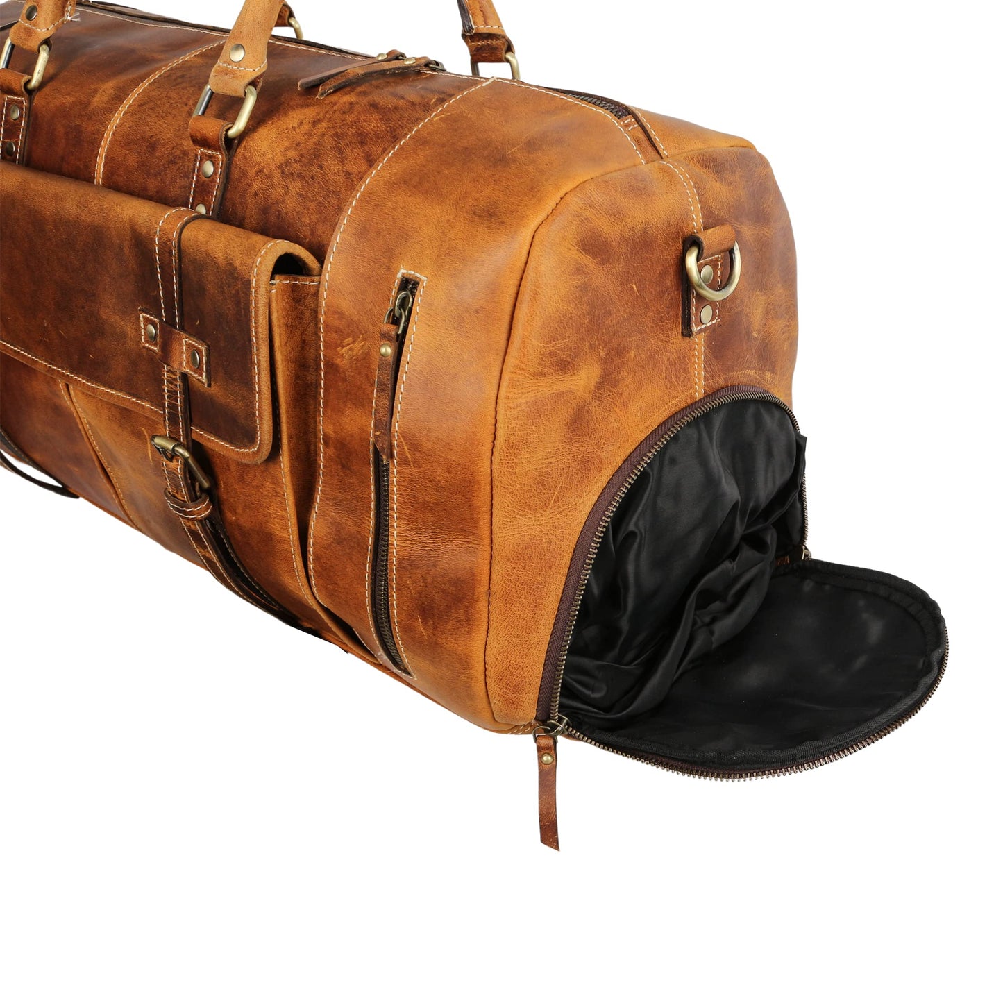 KomalC Leather Duffle Bags for Men and Women Travel Overnight Weekend sports bag holdall Gym Duffel for Men (Distressed Tan, 28 Inch)