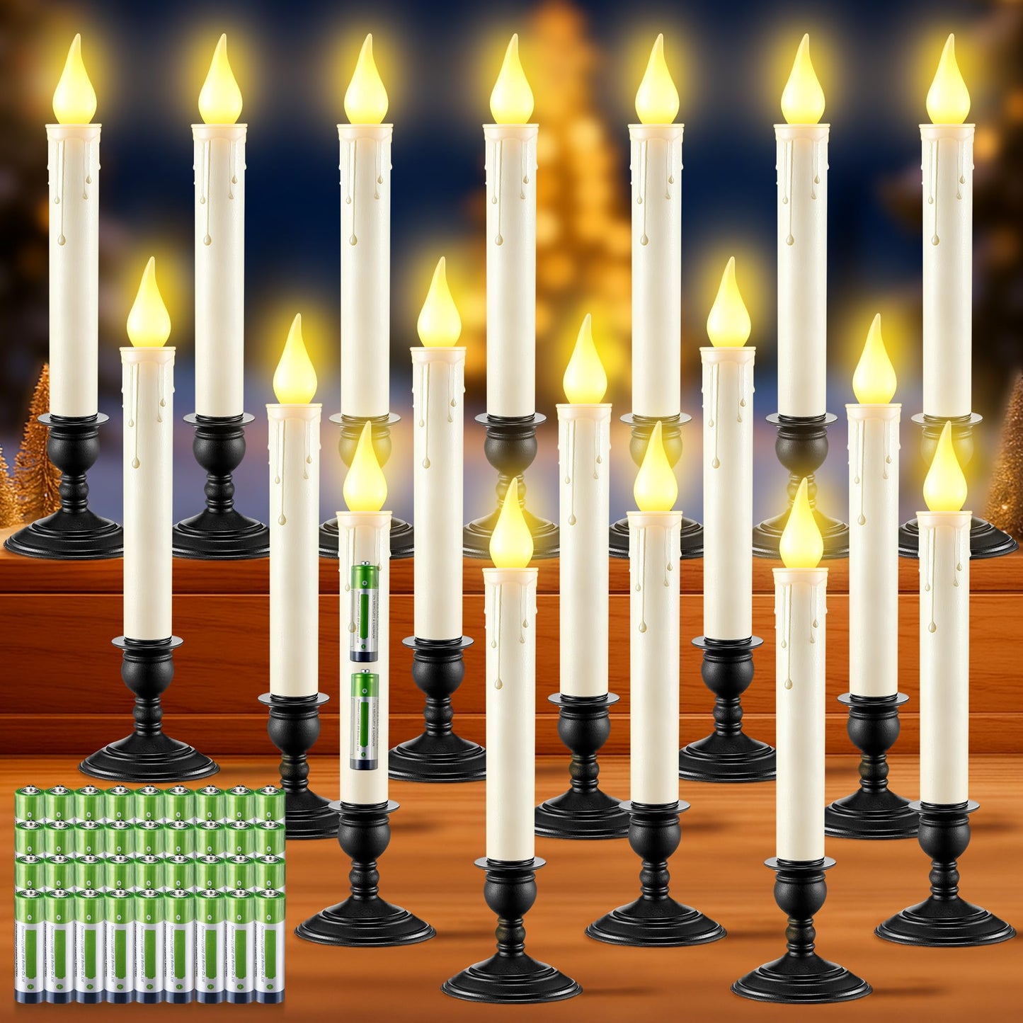 18 Pack Battery Operated Window Candles with Sensor Dusk to Dawn, Ivory Flameless Taper Candlesticks with Removable Black Base & Suction Cups, LED Candlestick for Christmas Decor Home, 36 AA Batteries