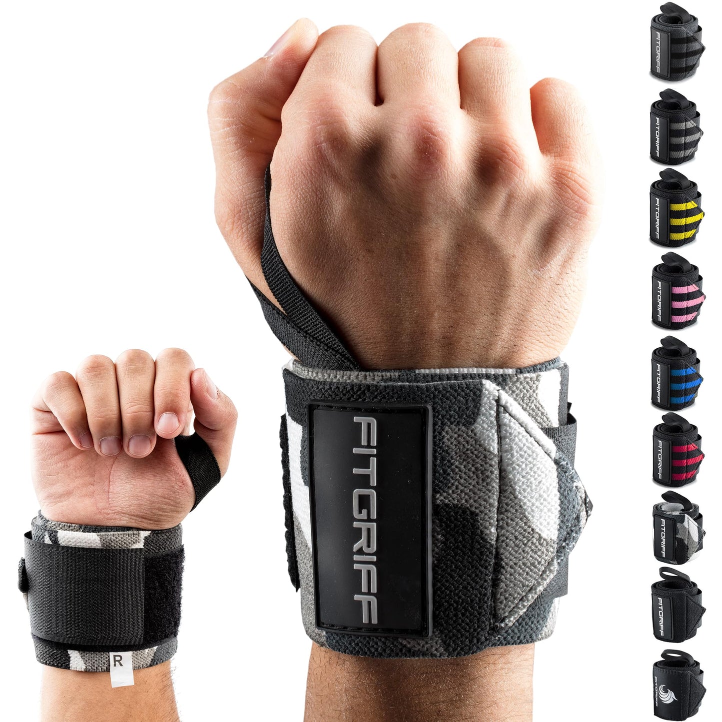 Fitgriff® Wrist Wraps for Weightlifting (18") Heavy-Duty Support for Gym, Bench Press, and Pushups (1 Pair) - for Men and Women (Grey-Camo)