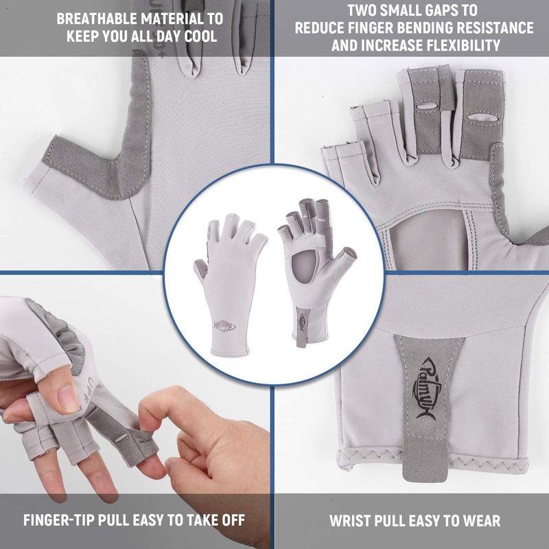 Palmyth UV Protection Fishing Fingerless Gloves UPF50+ Sun Gloves Men Women for Kayaking, Hiking, Paddling, Driving, Canoeing, Rowing (Air Light Gray, Large)