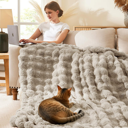 L'AGRATY Faux Rabbit Fur Blanket: 50" x 60" Luxury Soft Fluffy Thick Fur Throw Blanket for Couch Bed Sofa - Cozy Plush Bubble Blankets for Winter: Warm Flannel Fleece Decorative Blanket(Castle Grey)