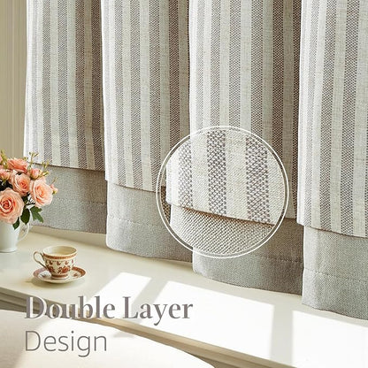 jinchan Double Layer Striped Linen Kitchen Tier Curtain Rustic Cafe for Living Room Bathroom Half Window Curtain Light Filtering Rod Pocket 1 Panel 36 Inch Taupe Grey