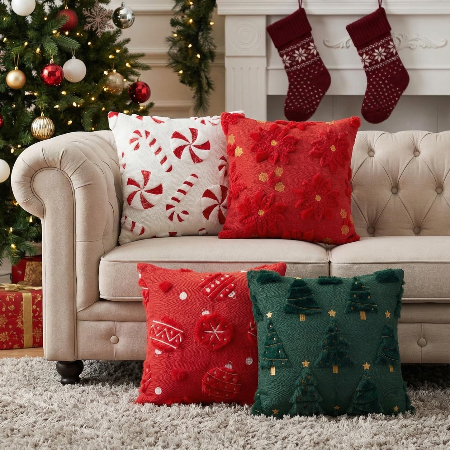 Tiamon 4 Pcs Christmas Throw Pillow Covers 18 x 18 Inch 3D Embroidered Plush Green Red Pillow Cases Christmas Tree Poinsettia Fluffy Faux Fur Cushion Covers for Sofa Couch Winter Holiday Party Decor