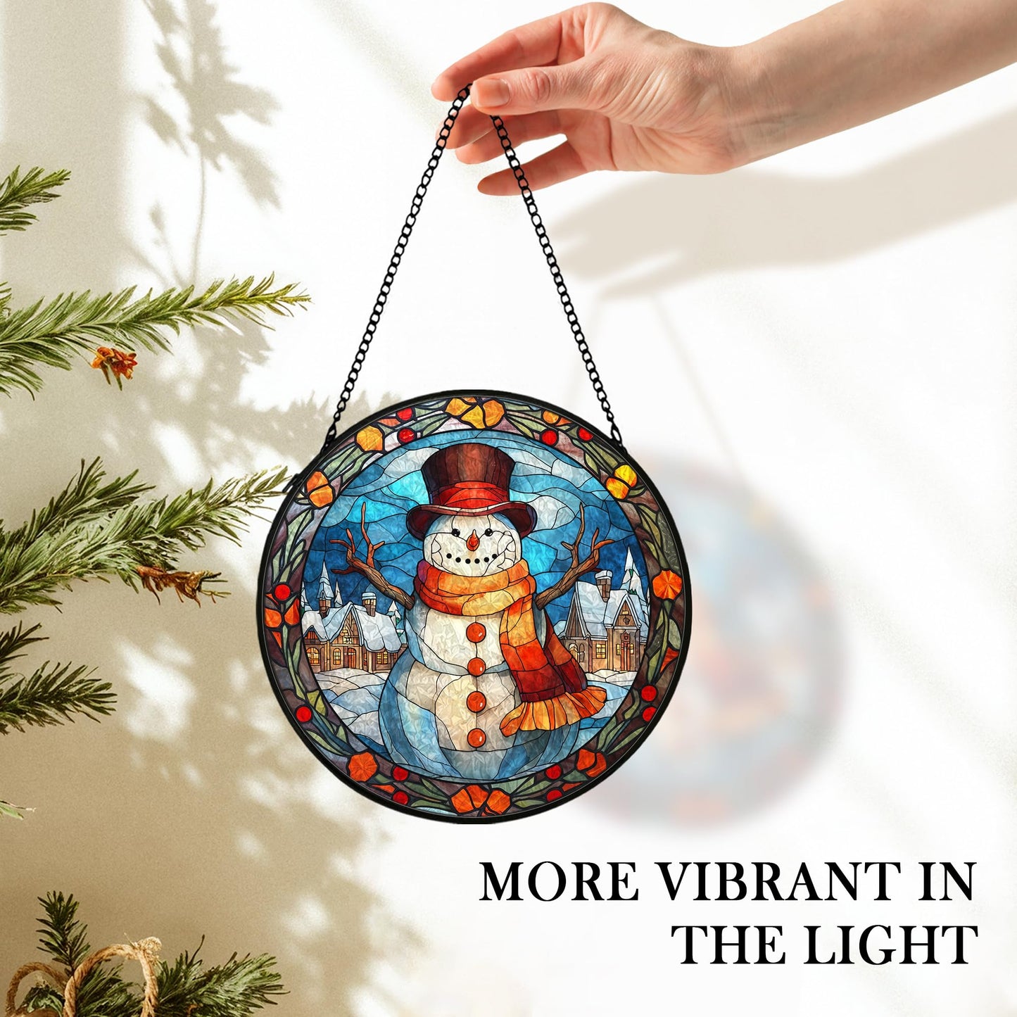 cvjutf Christmas Snowman Suncatcher Stained Glass Window Hanging Decor, Winter Snowman Stained Glass Wall Decor, Christmas Garden Sun Catchers Indoor Window Hanging Wall Art, 7.9x7.9In