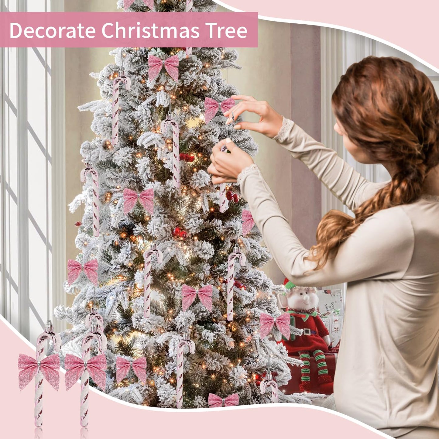 12 Pcs Candy Cane Christmas Decorations,5.5inch Glitter Candy Cane Bows for Xmas Tree Hanging Ornament Holiday Festival Party Home Decoration (Pink)