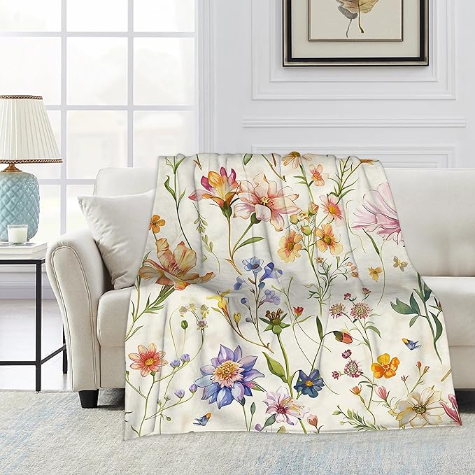 Garden Wildflowers Throw Blanket, Spring Blanket Throw for Adults, Lightweight Soft Cozy Blanket for Couch Sofa Bed Room Decor 50x60 Inches