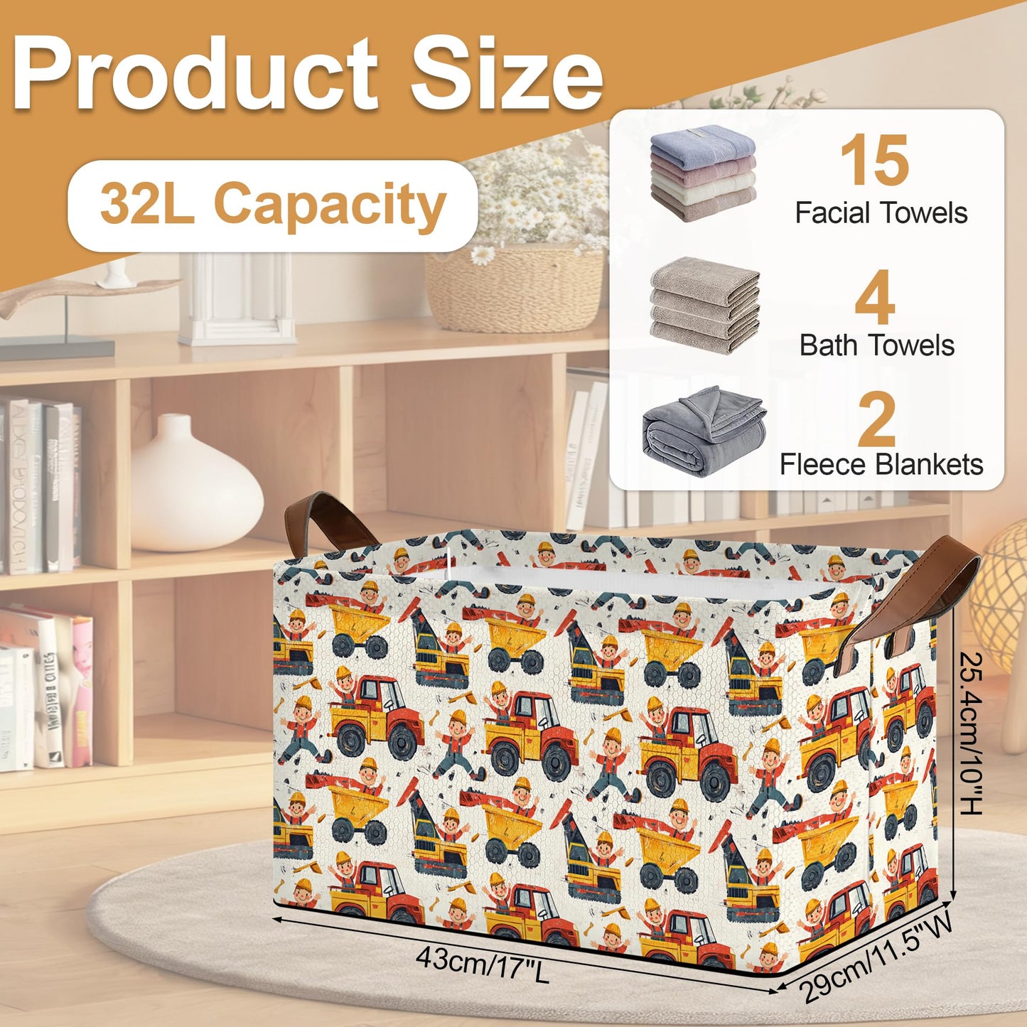 Oeaskly Storage Bins with Handles, Oxford Cloth Storage Basket with Sturdy Frame, Car Excavator Collapsible Organizer for Closet, Shelf, Clothes, Towels, Home Storage